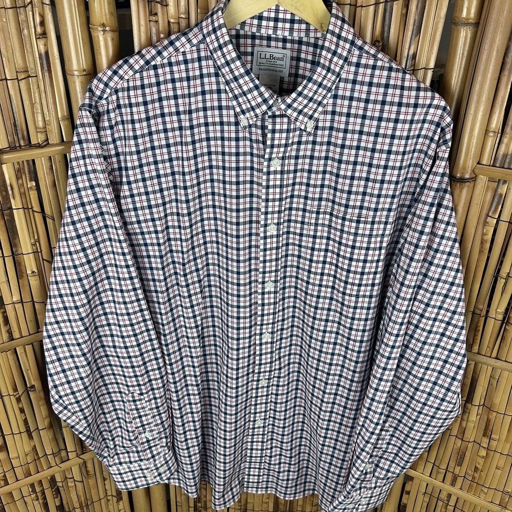 LL BEAN Traditional Fit Red Wht Blue Plaid Long Sleeve Button Men's Shirt Large - Picture 2 of 15